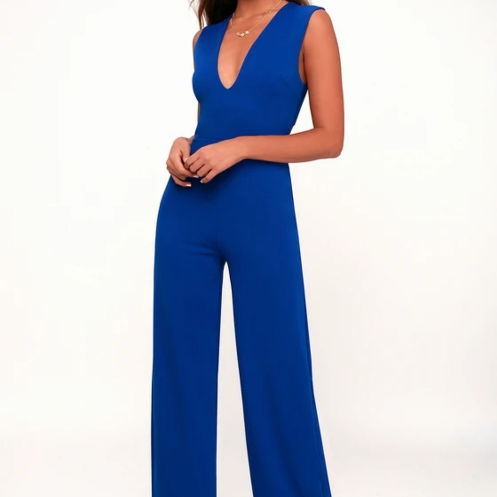Lulus Thinking Out Loud Blue Wide Leg Cross Back Jumpsuit Size Large New